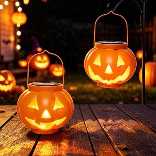 BRIGHTDECK Halloween Pumpkin Solar Lanterns 2 Pack, Jack O Lantern Pumpkin Lights for Halloween Decorations Outdoor, Weatherproof & Portable Fall Yard Decor (2Pack Warm White) — image 1