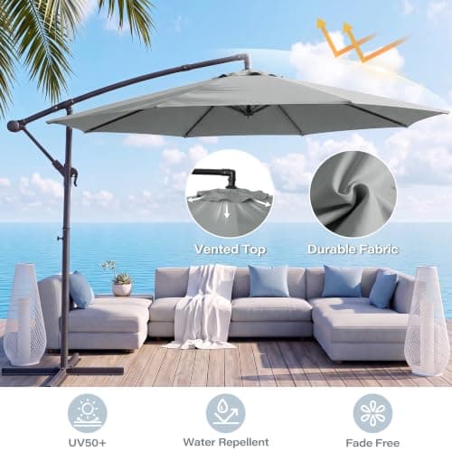 10ft Offset Patio Umbrella, Cantilever Hanging Market Umbrella with 8 Sturdy Ribs, Easy Tilt & Crank, Outdoor Sun Shade for Patio, Backyard, Garden, Poolside, Deck, Grey view 3