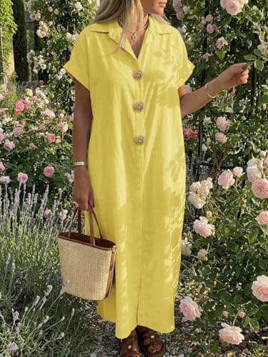 Wenrine Womens Summer Shirt Dress Casual Short Sleeve Button Maxi Dresses Beach Cover Up with Pockets view 5