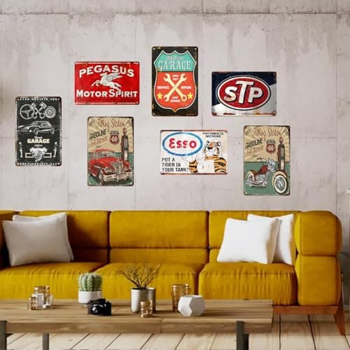 7 Pcs Vintage Metal Tin Garage Signs,Vintage Metal Tin Signs Retro Garage Signs For Men Wall Decorations Old Car Shop Posters Oil And Gas Station Sign Man Cave Decor 8×12 Inch（7pcs） view 2