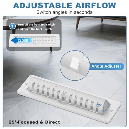 White Floor Register 2x10 with Vent Deflector, 2 in 1 Adjustable Floor Vent Covers, Floor Vent Deflectors Include Mounting Screws for Floor & Wall for Easy Install, Toe Kick Register Grille, 2 Pack view 5