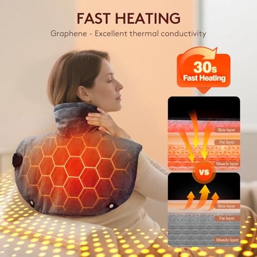 Far Infrared Heating Pad for Neck and Shoulders and Back - 6X Deeper Pain Relief, Graphene 30s Fast Heat, 8 Heat Setting, 16 Timer, Automatic Memory, Weighted Heating Pads Gift for Women&Men (Grey) view 3
