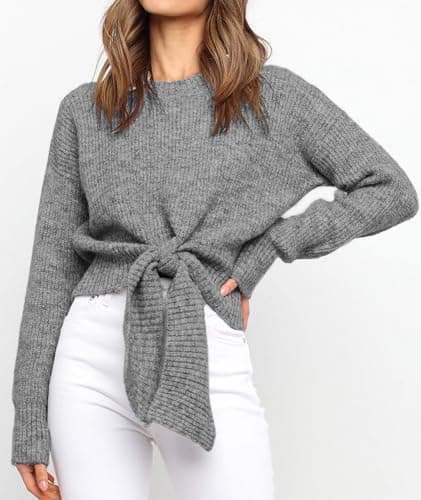 Okiwam Women's Long Sleeve Cropped Sweaters Casual Knit Pullover Tie Front Crew Neck Fall Outfits Spring Fashion Clothes 2026 view 5