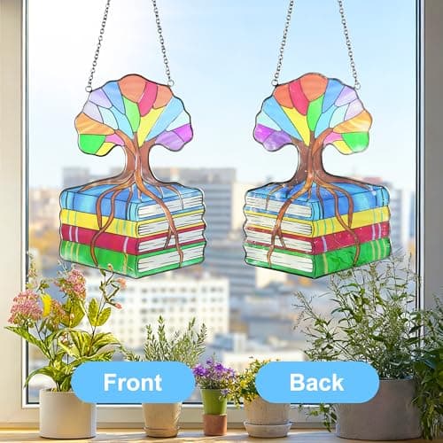 AQGQTQ Stained Glass Window Hanging, Colorful Book Tree of Life Sun Catchers, Book Lover Gifts for Women, Suncatcher Hanging Literary Decor for Birthday for Women, Men, Wife, Aunt, Mom view 4
