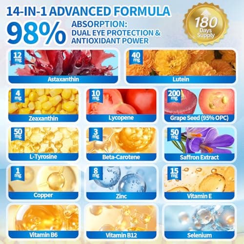 14-in-1 Astaxanthin 12mg & Lutein 40mg with Zeaxanthin Supplements, 6 Month Supply, Fresh Microalgae Source, Supports Eye, Skin, Antioxidant, Joint, Circulatory Health Non-GMO Gluten Free 180 Softgels view 3