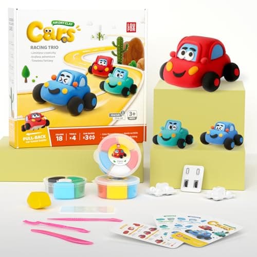 Air Dry Clay Kit for Kids - Pull Back Car Making, 3 Boxes Modeling Clay with Sculpting Tools, Base, Backing Board, Tutorial, Ultra Light & Soft, Non-Toxic & Safe, Creative DIY Arts and Crafts Toys