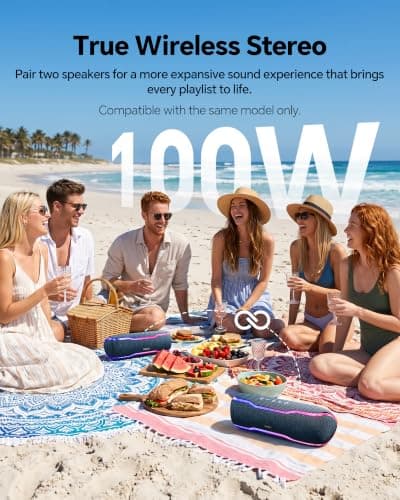 Bluetooth Speaker, IPX7 Waterproof, 50W Peak/25W RMS, Matte Black | 24H Playtime, Flashing lights, TWS pairing, ideal for beach trips, outdoor parties, birthdays, graduations and everyday use view 4