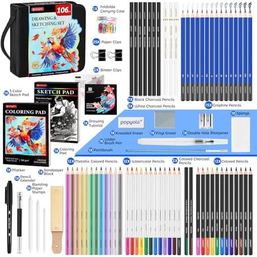 106 Pack Art Supplies Sketching Kit with 3-Color Sketchbook, Coloring Book, Tutorial, Graphite Colored Charcoal Watercolor & Metallic Pencils, Drawing Supplies Gift Case for Artists Beginners Adults view 3