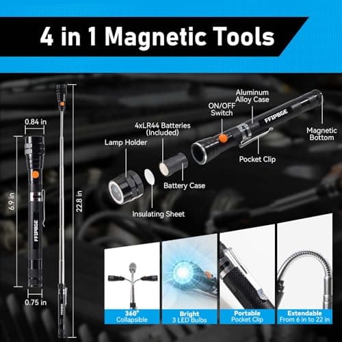 Magnet Pickup Tool with Telescoping Magnetic Flashlight and 6 in 1 Multitool Pen with Rulers, Bubble Level, Screwdrivers, Ballpoint, Valentines Day Gifts for Him Adults, Birthday Gifts for Him view 2