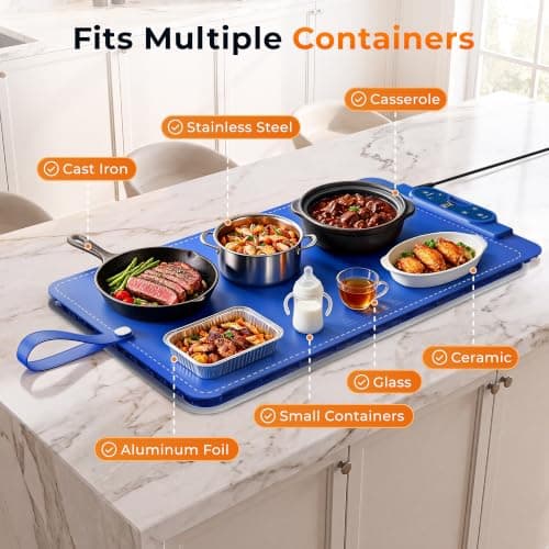 FJAU Warming Mat for Food， Extra Large 26"x15", 7 Heat Levels, 8 Hour Timer | Electric silicone heating mat for food, countertop warming trays, warming pads for buffets, chafing dishes and parties, Blue view 6