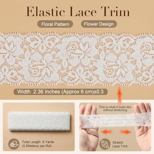CONGREGATE White Lace Ribbon Slight Stretch 6Yds 2.36" Floral Lace Trim | Slight Stretch Lace Ribbon, Delicate Floral Lace Edging for Sewing, Bridal Wedding Applique, Bouquet Gift Wrapping DIY Crafts view 4