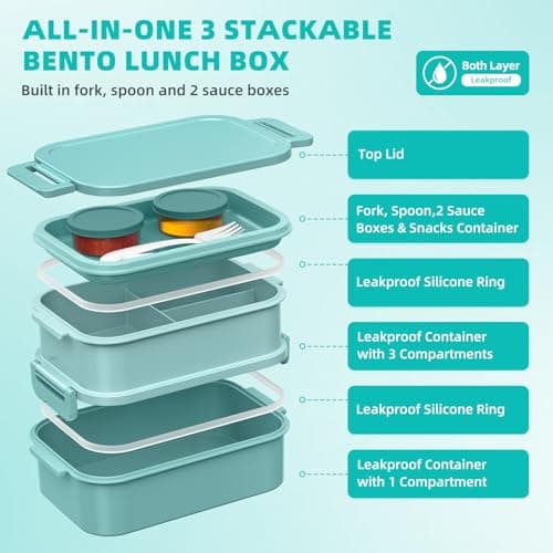 DaCool Adults Lunchbox Bento Box with Lunch Bag- 74 OZ All-in-One Stackable Lunch Box for Adults Kids Leakproof Bento Large Lunch Box Containers with Fork Spoon Sauce Box for Work School (Green) view 3