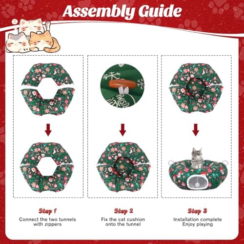 Christmas Tree Cat Tunnel, Soft Cat Tunnels for Indoor Cats with Middle Cushion, Cute Pet Donut Cave Bed Play Toys, Xmas Tree Decorations Protector Gifts view 5