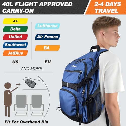 Seektop Lightweight Travel Backpack for Men Women, Multiple Pockets 40L Hiking Backpack Foldable Carry on Backpack for Outdoor Camping Sport Leisure (Blue) view 4