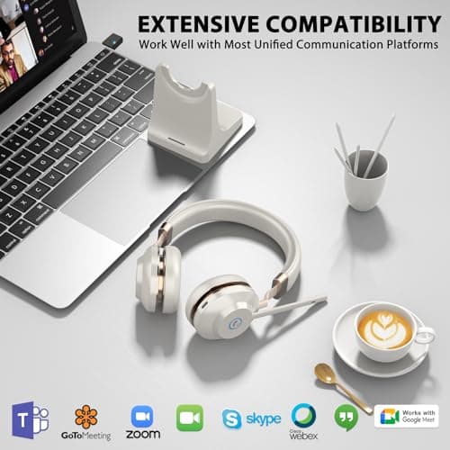 Vonztek Wireless Headset with Mic for Work, Bluetooth Headphones with Microphone Mute &USB Dongle, 45Hrs Wireless Headphones with Mic Noise Canceling & Charging Dock for Call Center/WFH/Office/Teams view 4