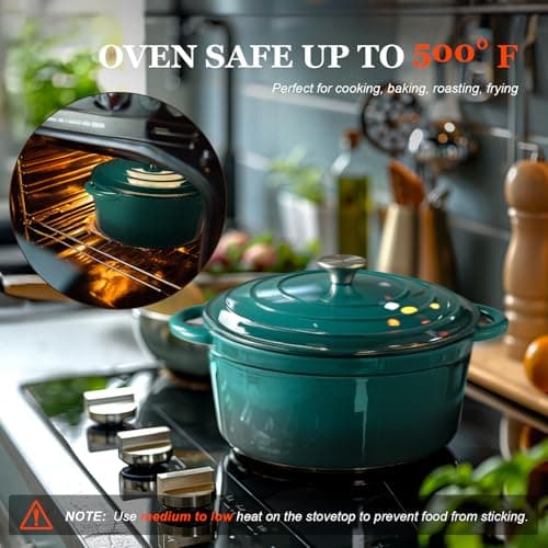 Overmont Enameled Cast Iron Dutch Oven - 7QT Pot with Lid Cookbook & Cotton Potholders - Heavy-Duty Cookware for Braising, Stews, Roasting, Sourdough Baking bottle green view 5