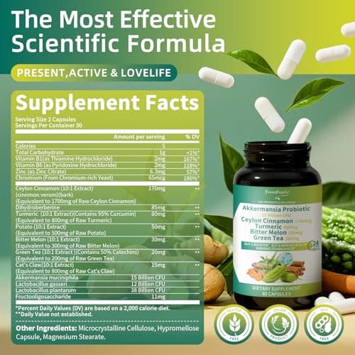 GREENPEOPLE Akkermansia Probiotics 15B CFU for Gut Function, 60CT Probiotics Supplement with Ceylon Cinnamon, Turmeric | Digestive Health & Metabolic Support | Women & Man | Vegan & Gluten Free view 6