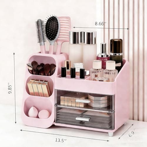 Makeup Organizer Countertop, Spacious Cosmetic Display Case with Makeup Brush Holder, Perfect Vanity Bathroom Organizer and Storage, Pink view 3