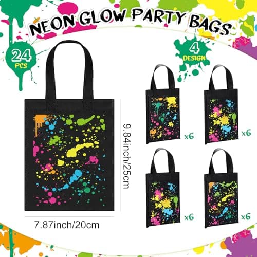 Hosuly 24 Pieces Neon Party Favor Bags Glow Gift Bags Glow in the Dark Candy Pouches Non Woven Graffiti Party Goodie Pouches with Handle for Boy Girl Neon Theme Birthday Supplies Decoration view 2