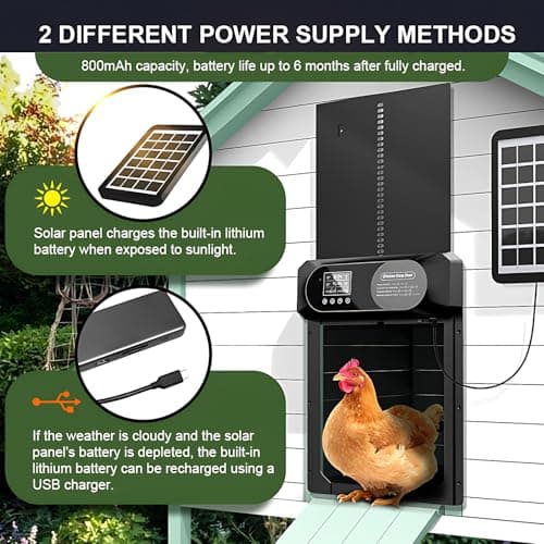Large Size Automatic Chicken Coop Door Solar Powered,15.9"H x 12"L x 2.28"W,Aluminum Alloy Chicken Door with LCD Display,Timer & Light Sensor,4 Control Modes,Anti-Pinch Coop Door with Remote Control view 5