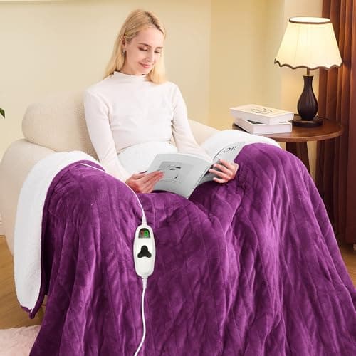 greenoak Heated Blanket Electric Twin 62"X84", Heating Blanket with 10 Heat Levels 1/2/4/6/8 Hours Auto-Off, Soft Flannel Sherpa Warm Heater Christmas Blanket,Taro Purple view 1