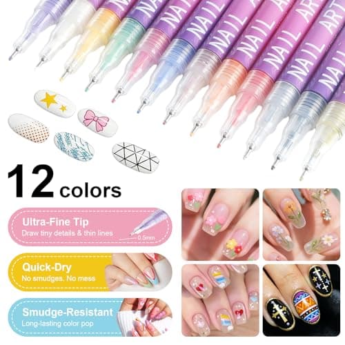 12 Colors Nail Art Markers Set: 0.5mm Fine Nail Art Pens, Waterproof & Quick-Dry Nail Polish Pens for Professional Nail Design, Dotting, Lining, Lettering, and DIY Manicure Art view 2