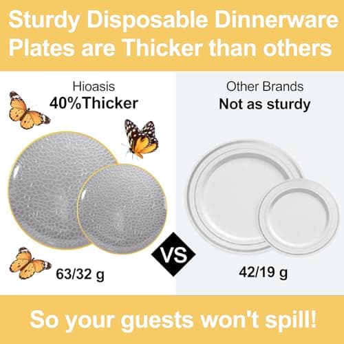 Hioasis 60 Pcs Black Plastic Plates for Party & Wedding | Gold Rimmed Hammered Dinnerware Set. Includes 10.25" Dinner & 7.5" Dessert Plates for 30 Guests. view 2