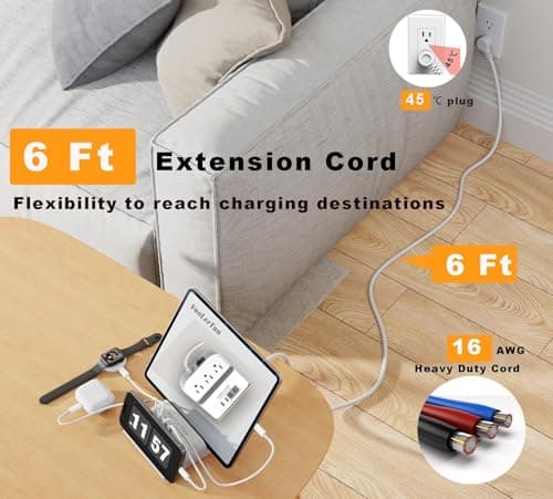 VooLerTun Surge Protector Power Strip Outlet Extender 4 USB Charging Station with Multi Outlet,6FT Flat Plug Extension Cord 3 AC with Overload Protection ETL Certified for Office Home view 4