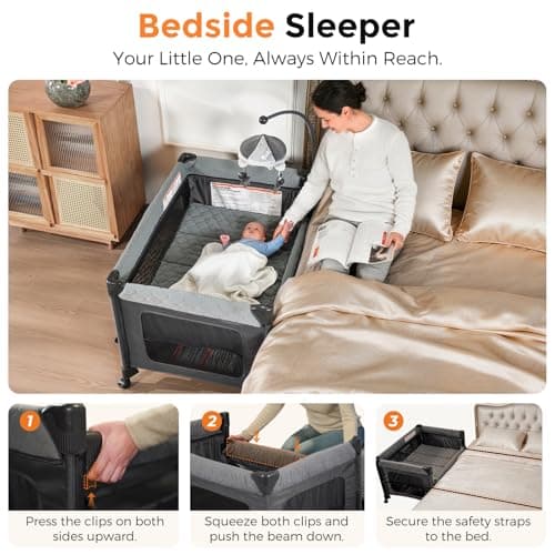 Pamo Babe Pack and Play with Bassinet - 7 in 1 One-Step Setup Bedside Crib, Portable Playpen, Travel Crib, Baby Playard with Diaper Changing Station, Toy Bar & Large Storage Bag view 5