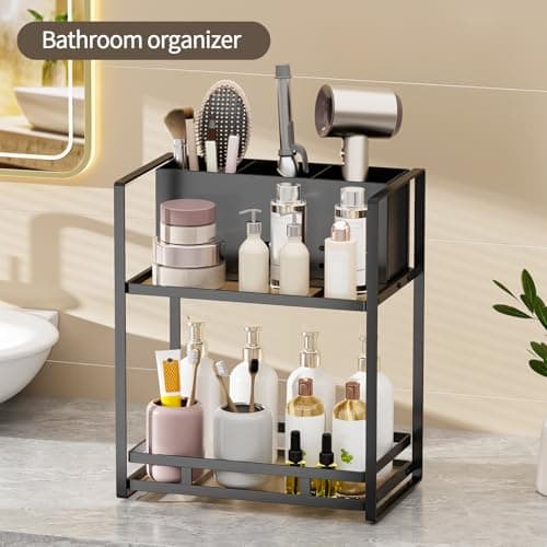SanDream Hair Tool Organizer Bathroom Countertop, 2-Tier Metal Bathroom Organizer with Blow Dryer Holder, Large Capacity Space-Saving Vanity Shelf for Perfume, Skincare & Makeup Storage (Black) view 5