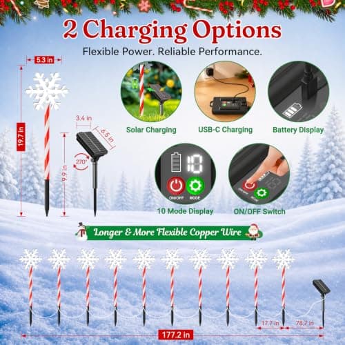 10 Pack Solar Snowflake Pathway Lights, Outdoor Christmas Lights Yard Decor 12-Hr Runtime Solar Snowflake Lights, Candy Cane Stake, 10 Modes Waterproof Christmas Light for Patio, Garden, Lawn, Backyard view 2