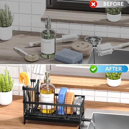 Cisily Sponge Holder for Kitchen Sink, Sink Caddy Organizer with High Brush Holder, Kitchen Countertop Organizers and Storage Essentials, Rustproof 304 Stainless Steel (Black, 9.25″) view 6