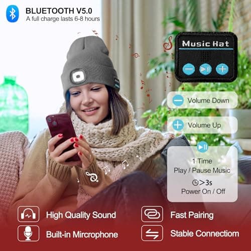 SYMNTEM Gifts for Men, Rechargeable Bluetooth Music Unisex Beanie Hat with Light, Valentines Day Gifts for Him, Birthday Gifts for Men, Women, Grey view 2
