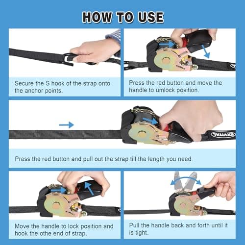 EXVITAL Retractable Ratchet Straps Havy Duty 1200lbs Break Strength Retractable Tie Down Straps Auto Self Retracting Ratchet Straps for Truck, Cargo Trailer, Motorcycle, 1"×12ft Black view 6
