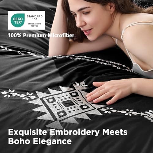 Embroidered Comforter Set Queen, 3-Piece Boho Bedding, Black view 3