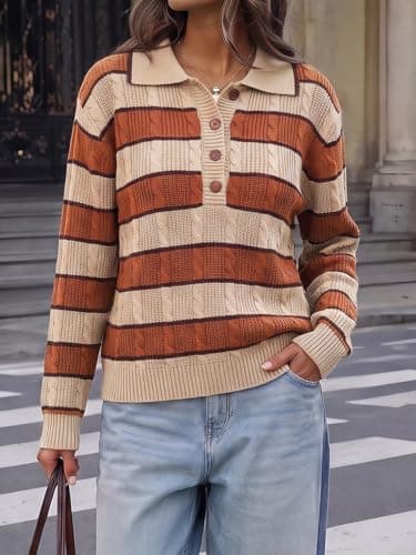 Fisoew Womens Cable Knit Sweaters Casual Polo V Neck Striped Pullover Tops view 4