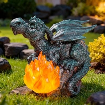 U WONDERFUL Solar Dragon Garden Decor, Porch Dragon Statue with Fiery Light - 6.8 inch Lawn Ornaments, Outdoor Decorative Art Gift for Patio, Yard, Backyard, Porch