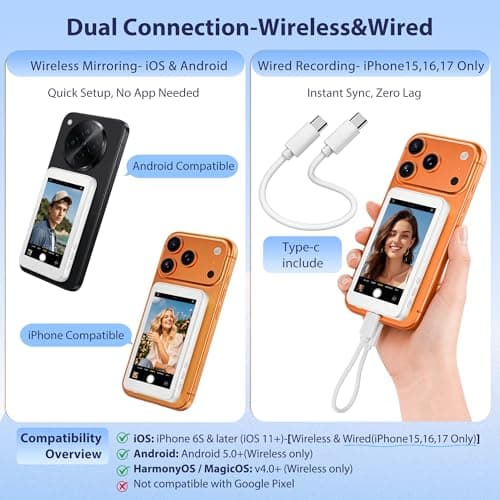 Vlog Selfie Monitor Screen for iPhone 17 Series & Android,Built-in Speaker,Wireless & Wired Magnetic 4K/1080P Phone Back Camera Monitor with Remote Control for Live Stream TikTok (White) view 2