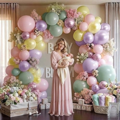 Green Pink Balloon Arch Kit Double Stuffed Light Pastel Lavender Yellow Pearl Balloon Garland for Baby Shower Birthday Spring Wildflower Fairy Garden Tea Butterfly Party Decorations view 5