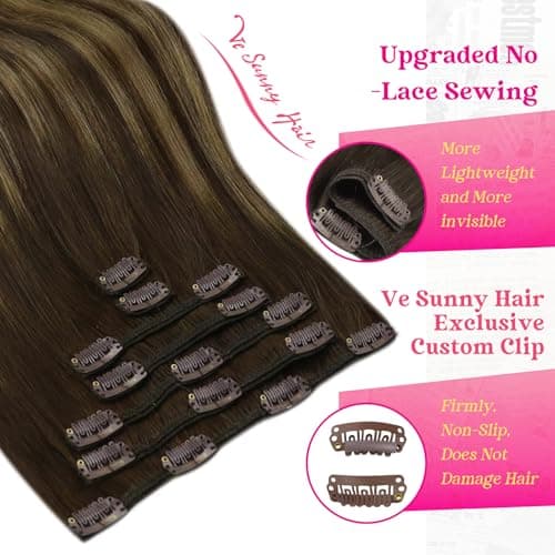 Ve Sunny Clip in Hair Extensions Real Human Hair Balayage Medium Brown Mix Caramel Blonde Ombre Remy Hair Extensions Clip ins for Women Thick Straight 16 inch 120g 7pcs view 4