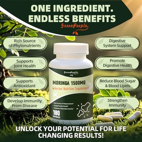 GREENPEOPLE Whole-Leaf Moringa Capsules 1500mg - High Potency 10:1 Moringa Oleifera Leaf Extract - Natural Green Superfood for Energy & Immune Support - Vegan, Non-GMO, Caffeine Free-180 Count-2 Pack view 7