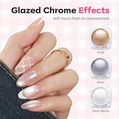 Modelones 16PCS Plaid Nail Stamping Kit – French Tip Stamper White Black Painting Gel Polish Chrome Powder Proof Matte Gel Top Coat Gingham Template Dual Nail Art Brush Spring Manicure Gift for Women view 5