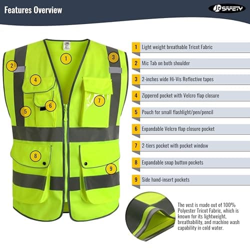 JKSafety 9 Pockets Class 2 High Visibility Zipper Front Safety Vest With Reflective Strips,Meets ANSI/ISEA Standard (Large, 150-Yellow) view 3