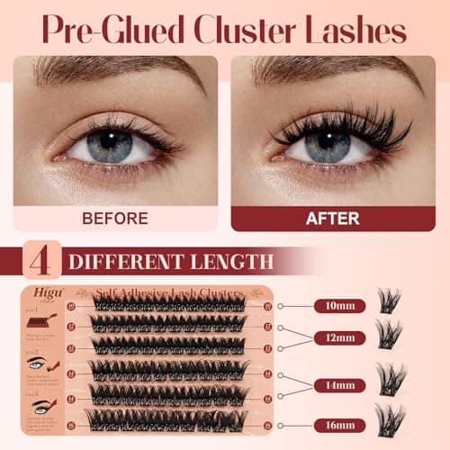 Higu clace Self Adhesive Eyelashes Volume Pre Glued lash clusters kit Mix 10-16mm, Preglued Eyelash No Glue Needed Easy to Use, DIY Eyelash clusters(AD11) view 3