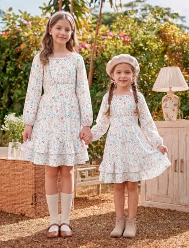 HOZIY Girls Fall Floral Dress Holiday Long Sleeve Square Neck High Waist Ruffle Tiered Midi Dresses 6-14Y view 3