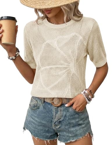 LaGracia Womens Short Sleeve Crochet Sweater Summer Crochet Tops Lightweight Hollow Out Crewneck Pullover Beach Coverup — image 1