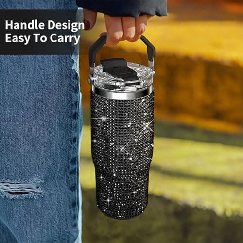 30oz Bling Rhinestone Studded Tumbler with Top Handle, Bling Cups Stainless Steel Water Bottle Diamond Glitter Tumbler for Women - Birthday Gifts for Women, Mom,Get Well Soon Gifts (Black) view 5