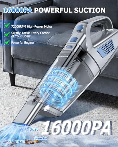 BQYPOWER Handheld Vacuum Cordless, 16000PA Strong Suction Hand Held Vacuum Cordless Rechargeable with Multiple Accessories, Portable Car Vacuum Cleaner High Power for Car Home Office view 2