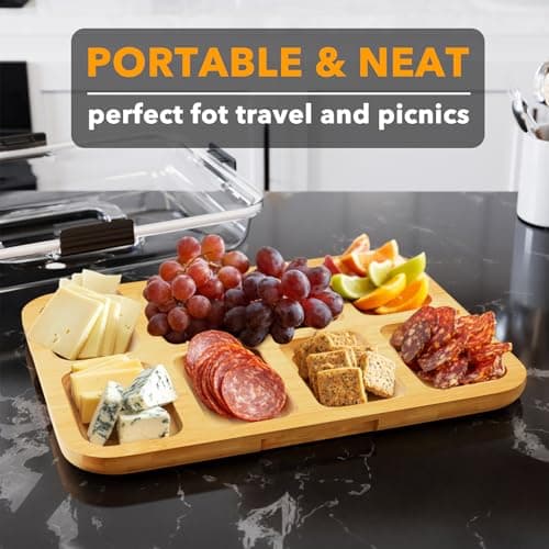 SpaceAid Charcuterie Board with Clear Lid, Portable Travel Cheese Cutting Boards for Picnic Accessories, Bamboo Serving Tray with Lids, House Warming Gifts, Black Handles, 8 Compartments view 4