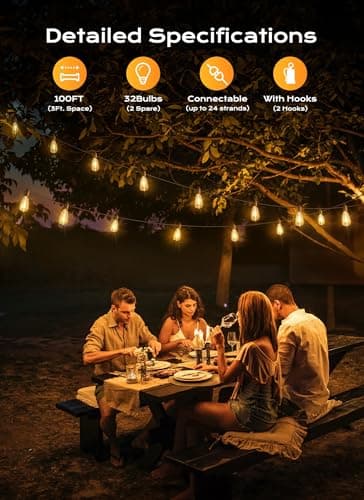 Brightown Outdoor String Lights Patio Lights, 100FT ST38 Shatterproof Dimmable Waterproof Connectable LED Christmas Lights, Hanging Outside Light for Backyard, Porch, Deck, Balcony, Garden, Home Decor view 2